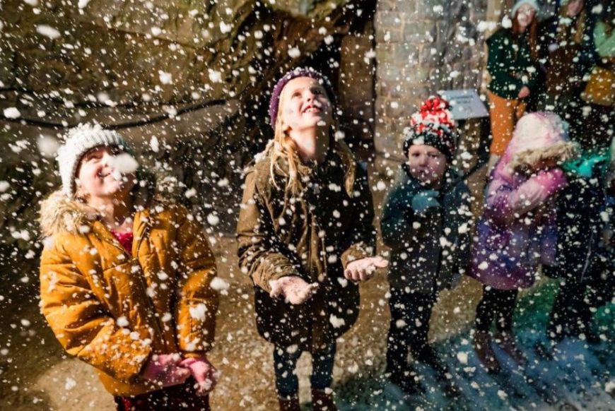 Children in the snow at Cheddar Gorge and Caves